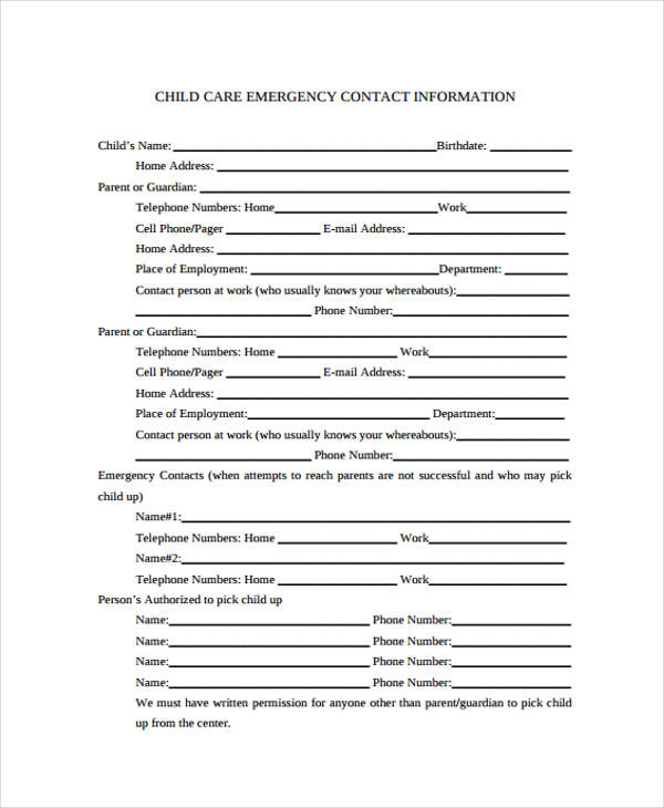 child emergency contact information form