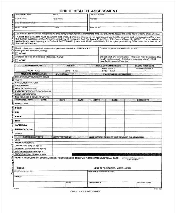 child health assessment record form