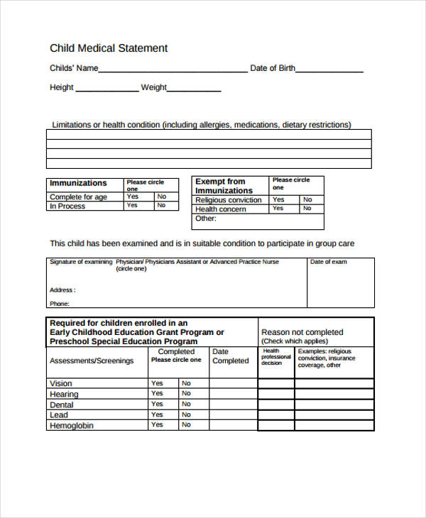 child medical statement form sample