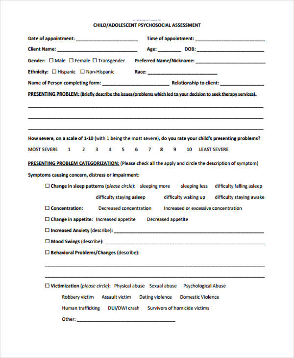 Printable Mental Health Intake Assessment Forms 1323