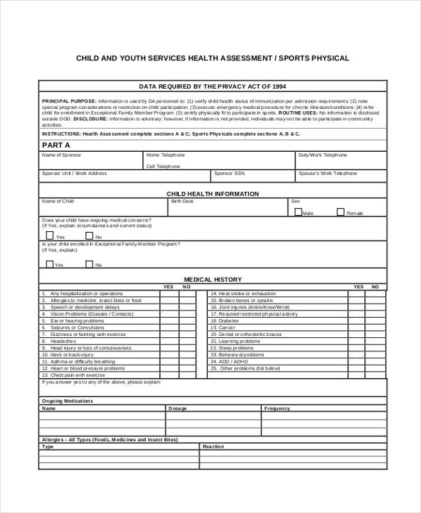 child and youth services health assessment form
