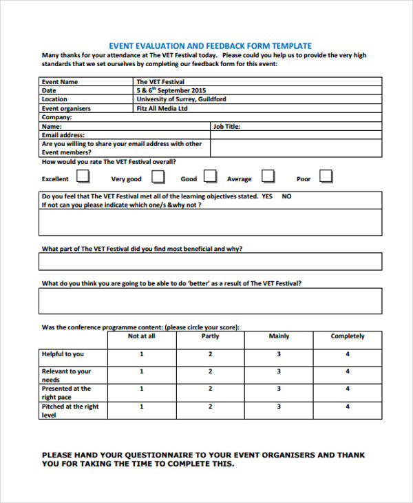 Free 17 Sample Event Feedback Forms In Pdf Word - 