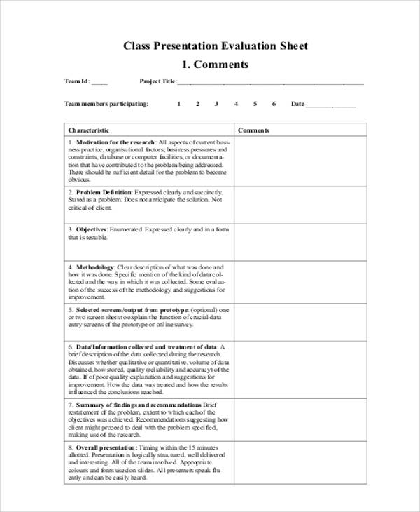 class presentation evaluation form