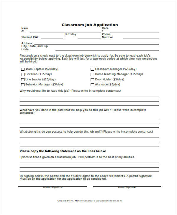 classroom student job application form