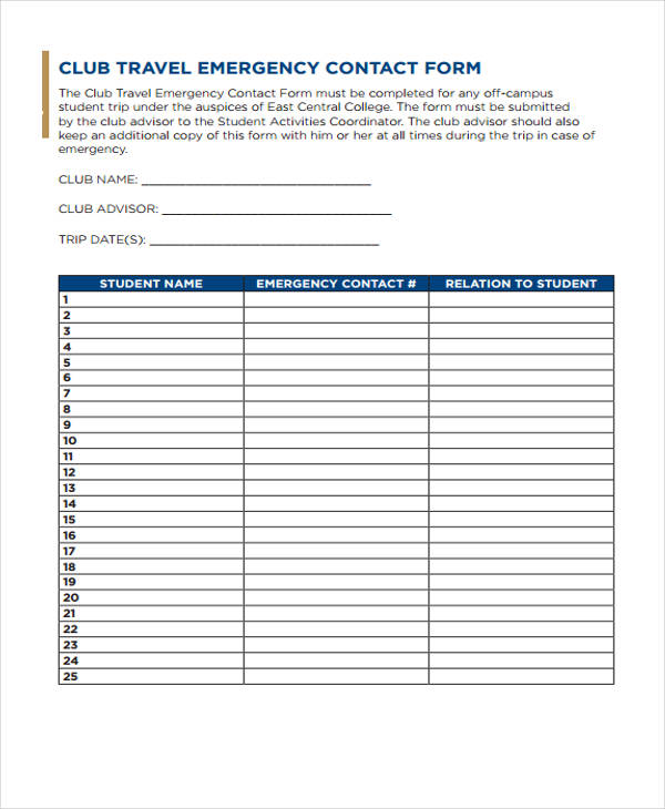 club travel emergency contact form