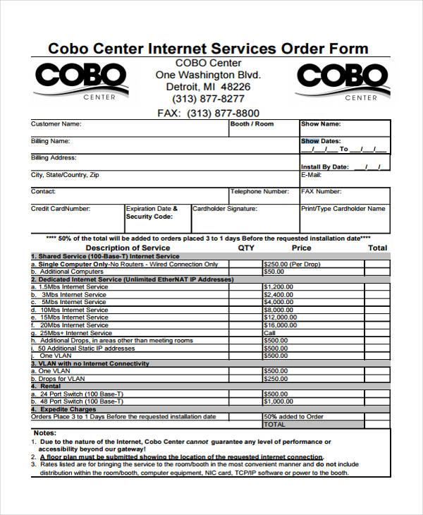 cobo center internet services order form