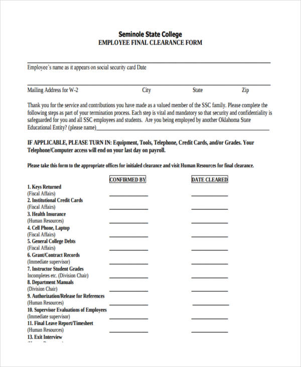 college employee final clearance form1