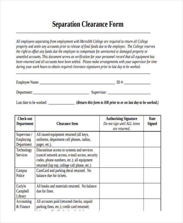 college employee separation clearance form