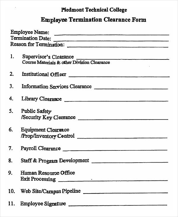 college employee termination clearance form