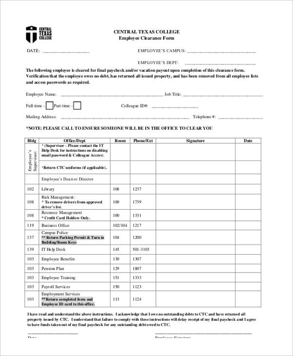 college staff employee clearance form