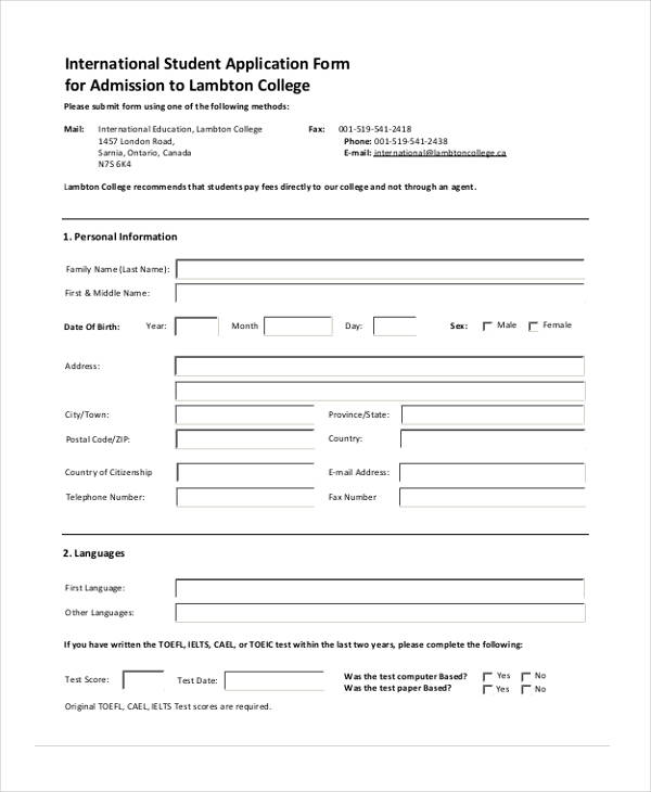 college student admission application form