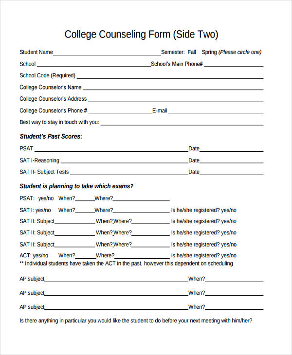 college student counseling form