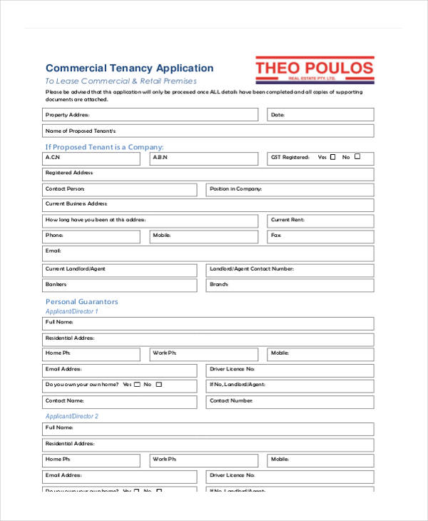commercial tenancy lease application form