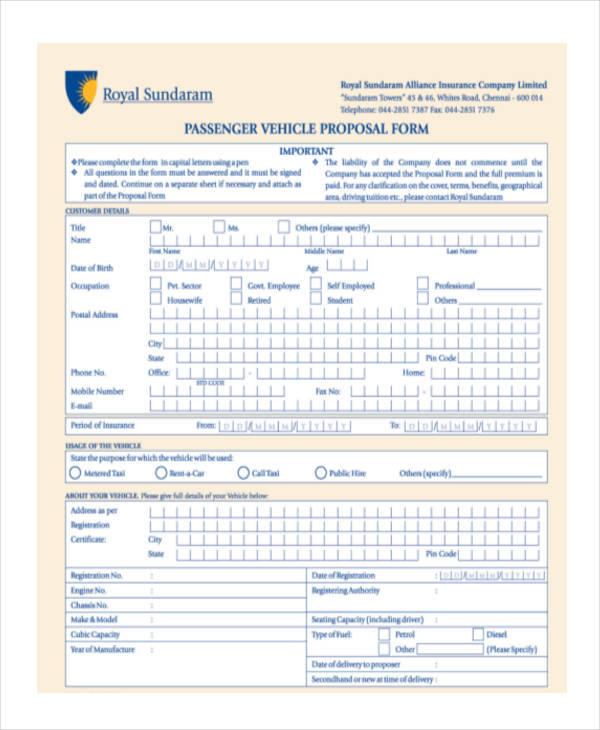 commercial vehicle proposal form