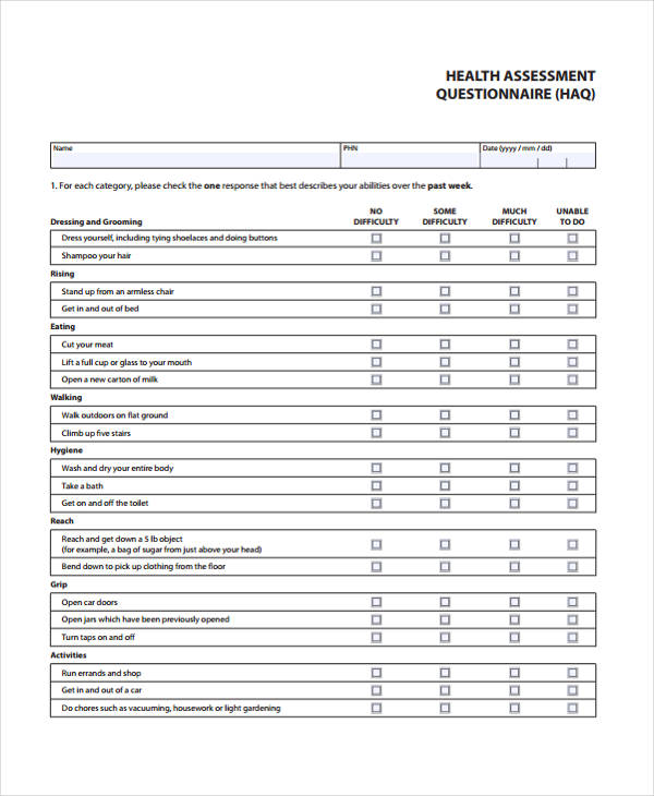 community health assessment questionnaire form