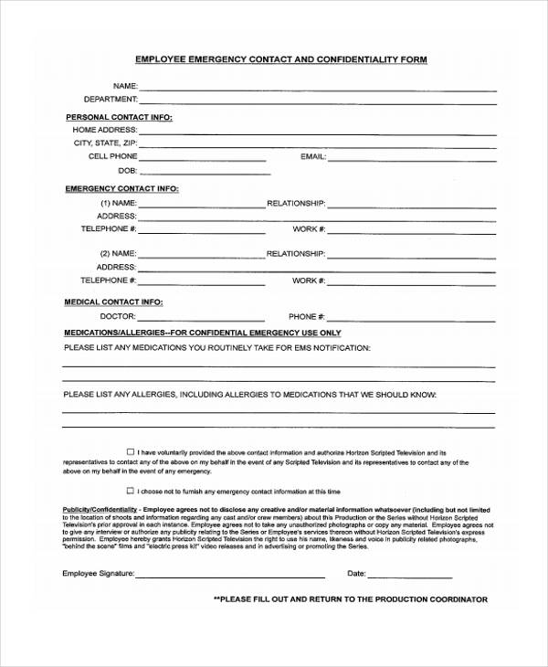 confidential employee emergency contact form