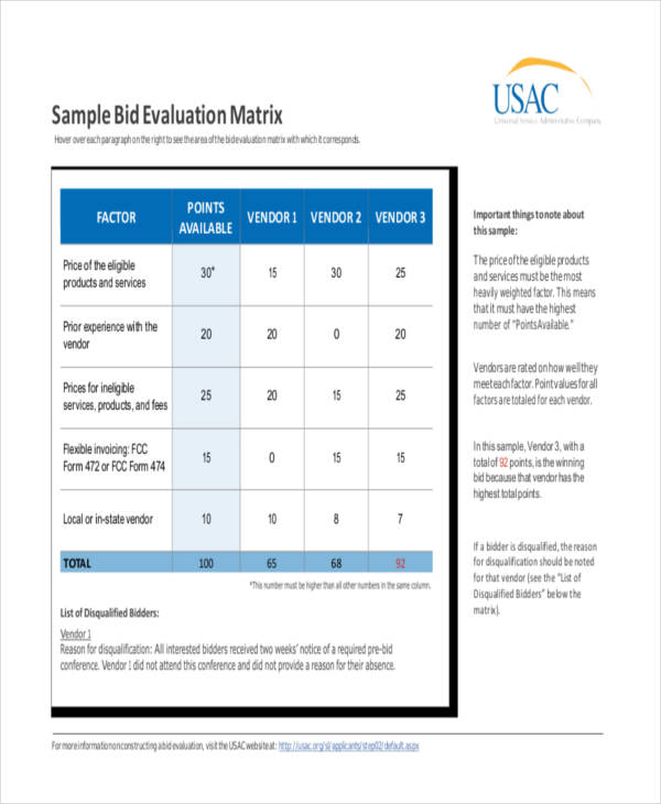 construction bid evaluation form