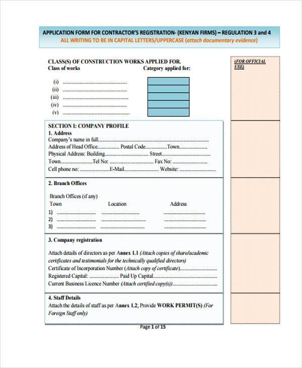 construction company application form
