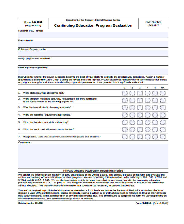 continuing education program evaluation form