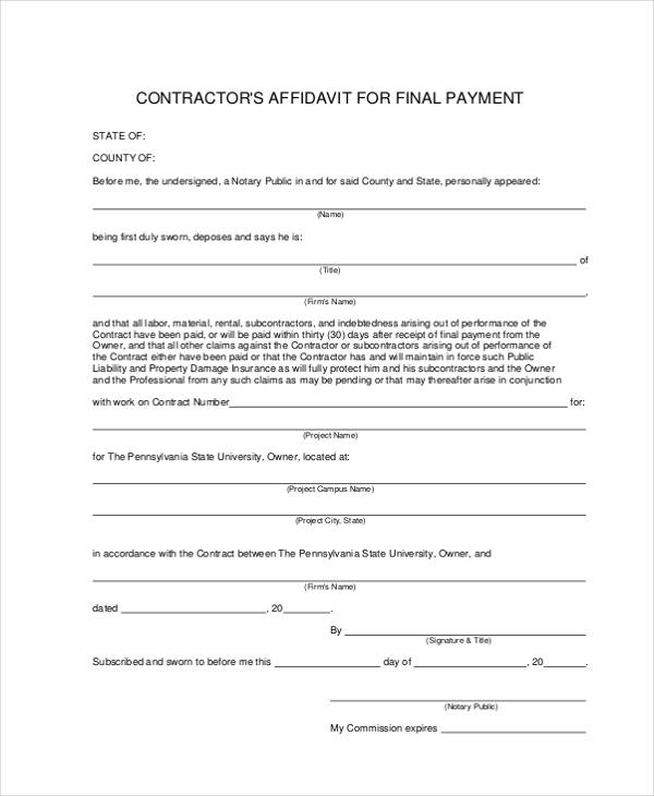 contractor affidavit payment form