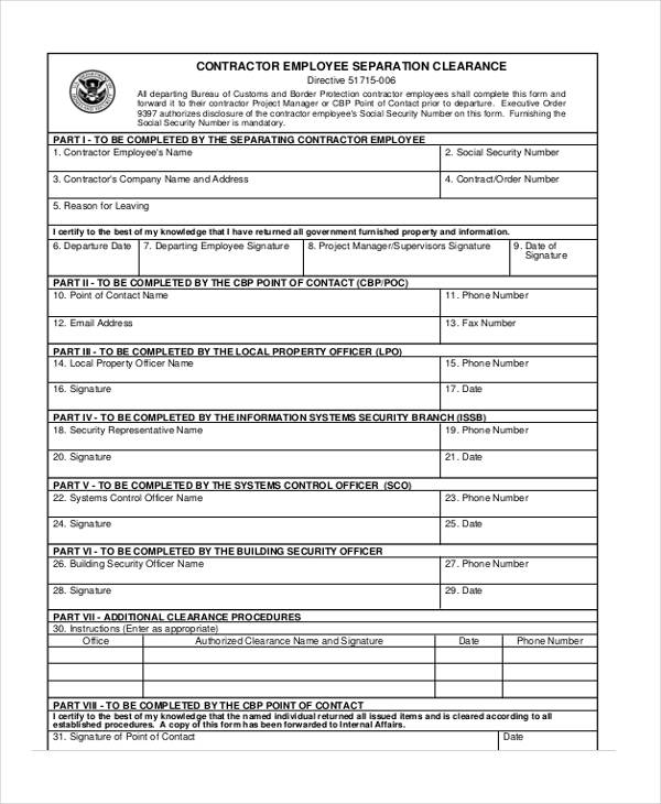 contractor employee separation clearance form