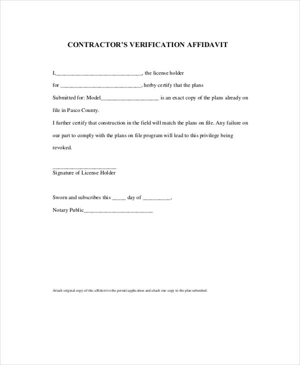 contractor verification affidavit form