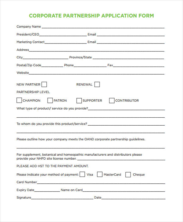corporate partnership application form