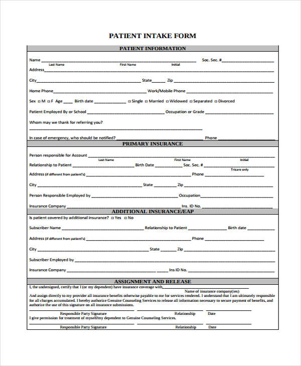 counseling patient intake form