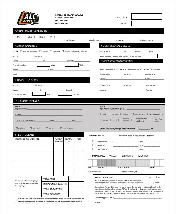 credit sales agreement form example