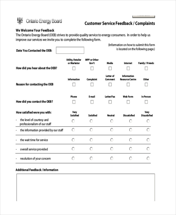 customer service complaint feedback form