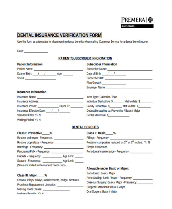 dental care insurance verification form