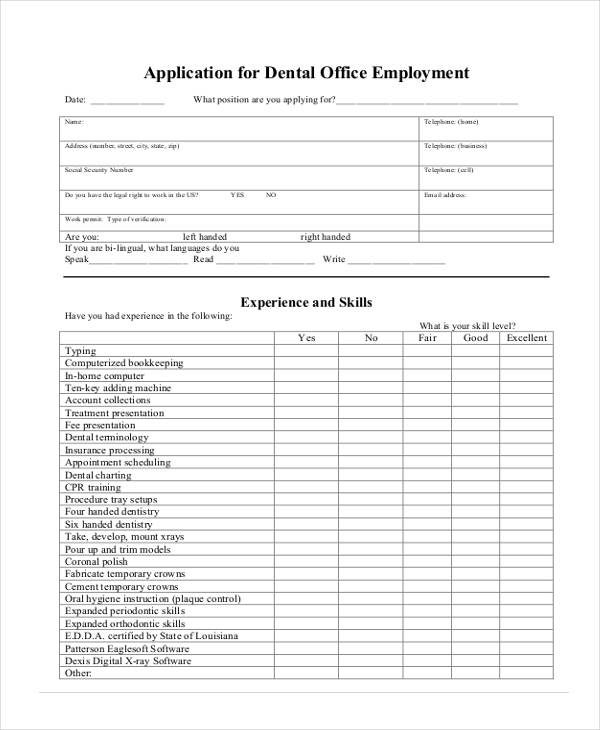 dental employee application form sample