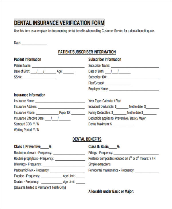 dental insurance eligibility verification form