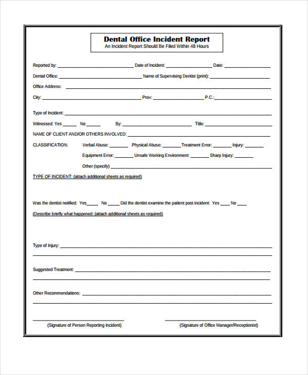 dental patient incident report form