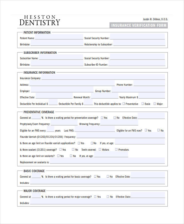 dental patient insurance verification form
