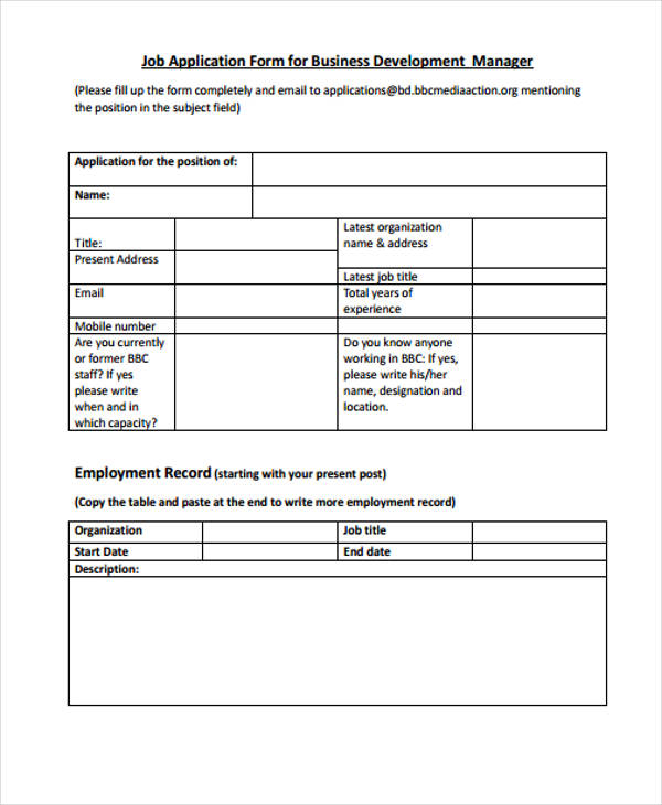 development job application form example