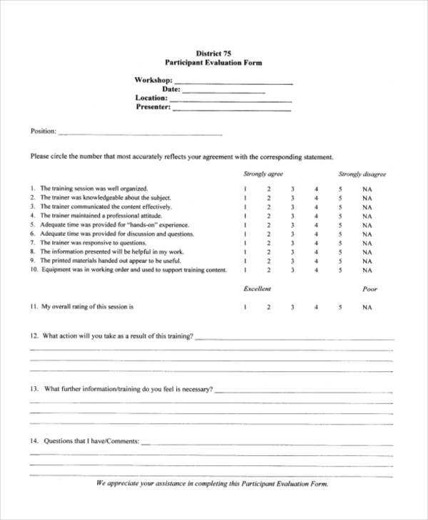 district workshop participant evaluation form