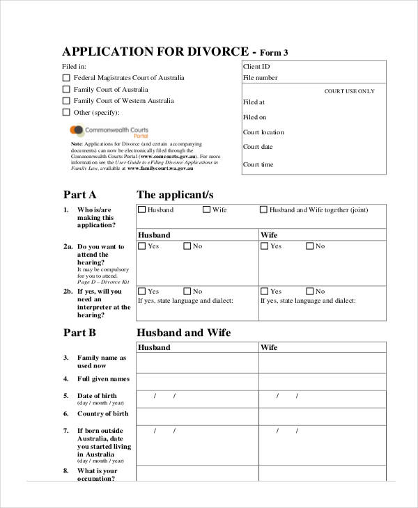 Free 7 Divorce Application Forms In Pdf Ms Word 8556