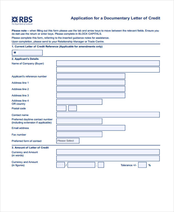 documentary letter credit application form