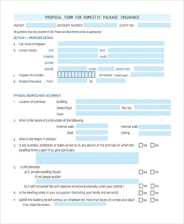 domestic insurance package proposal form