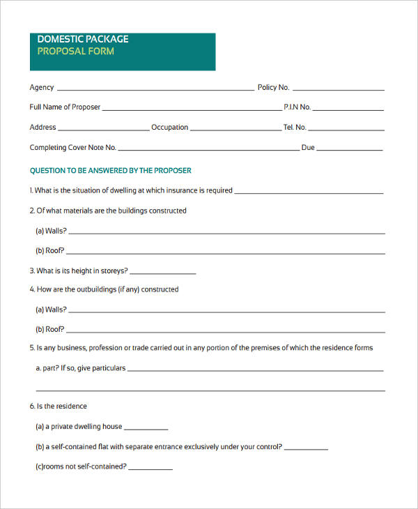 domestic package proposal form