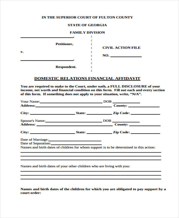domestic relations financial affidavit form