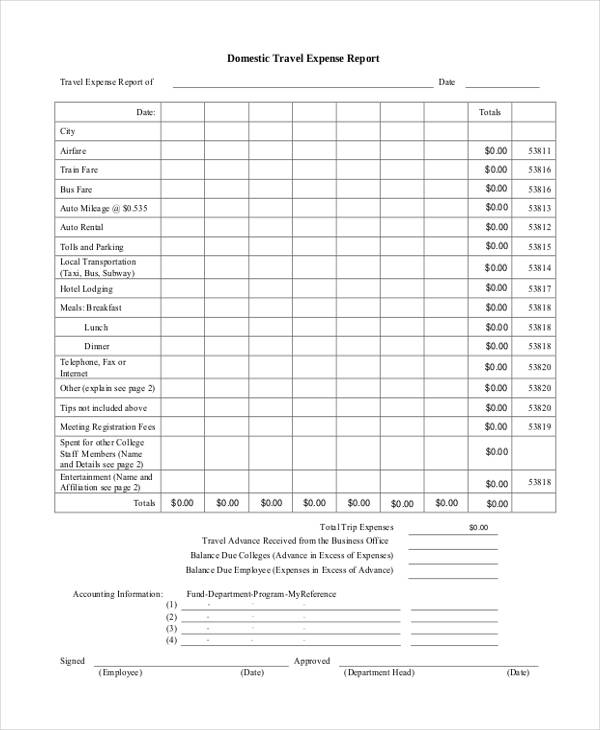 domestic travel expense report form