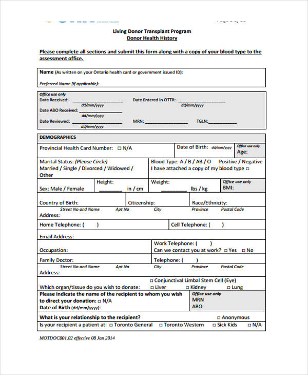 donor health assessment history form