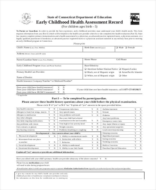 early childhood health assessment form