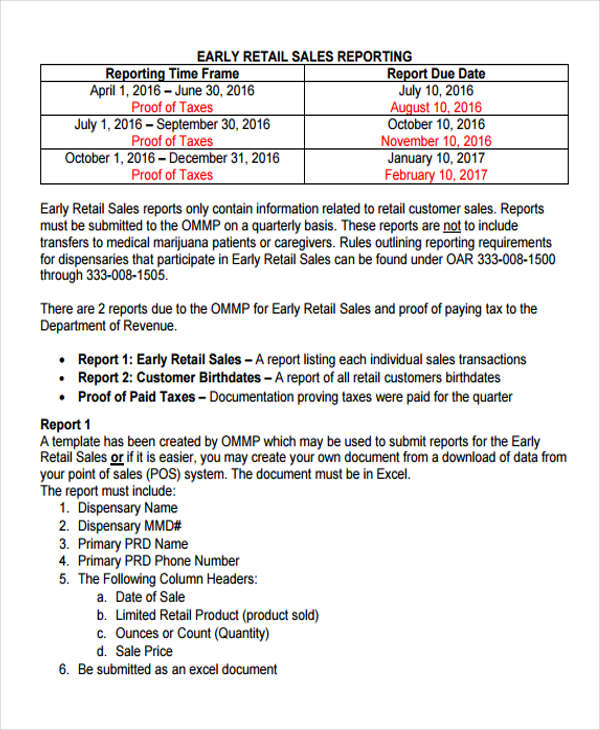 early retail sales report form