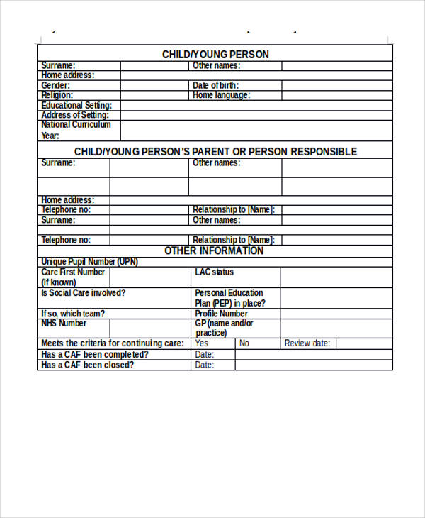 education health care needs assessment form