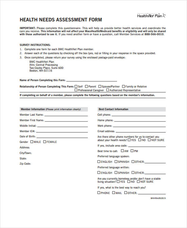 education health needs assessment form