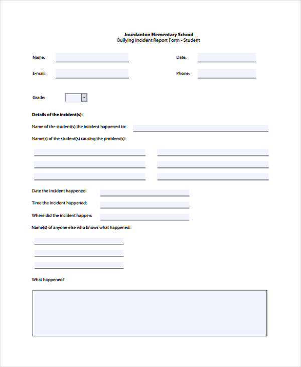 elementary student incident report form