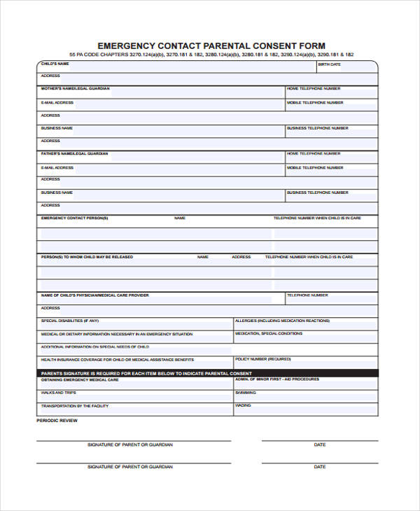 emergency contact parantal consent form